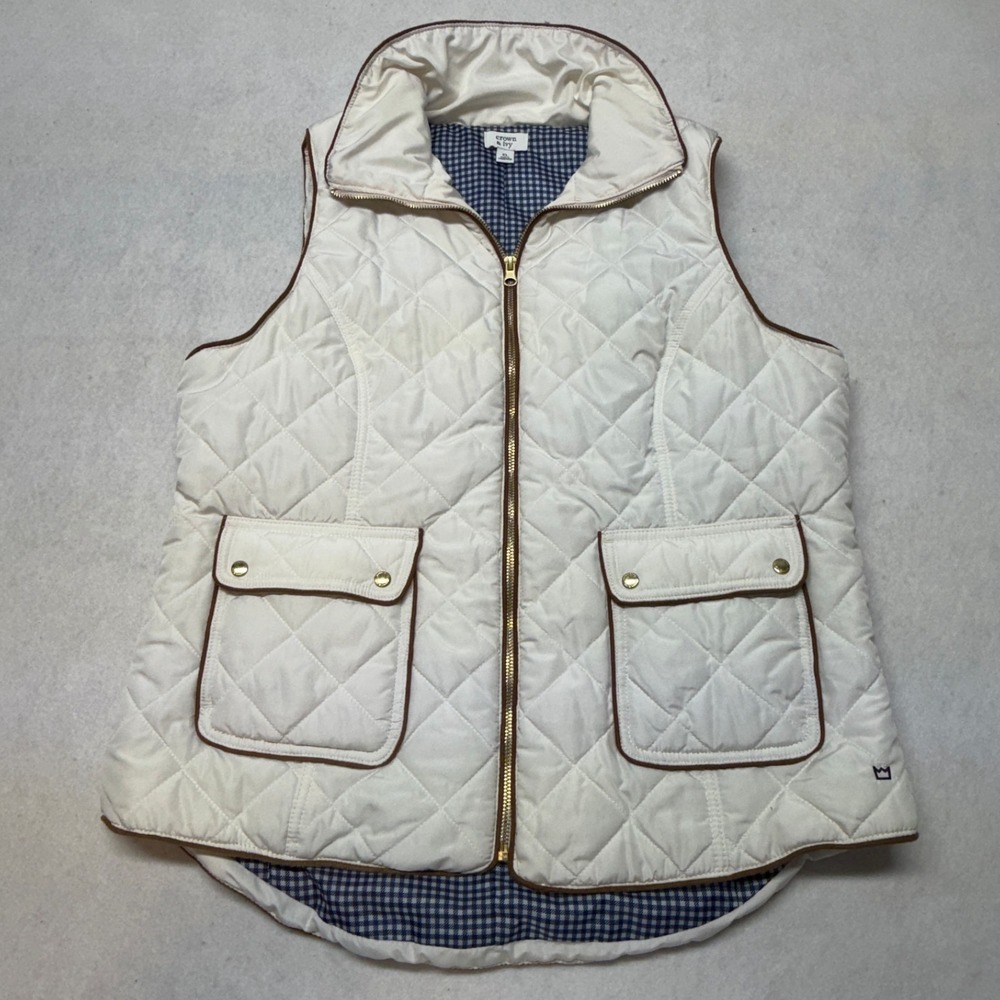 Crown & Ivy Vest‎ Women's XL White Quilted Puffer Gingham Lined Zip Pockets Old